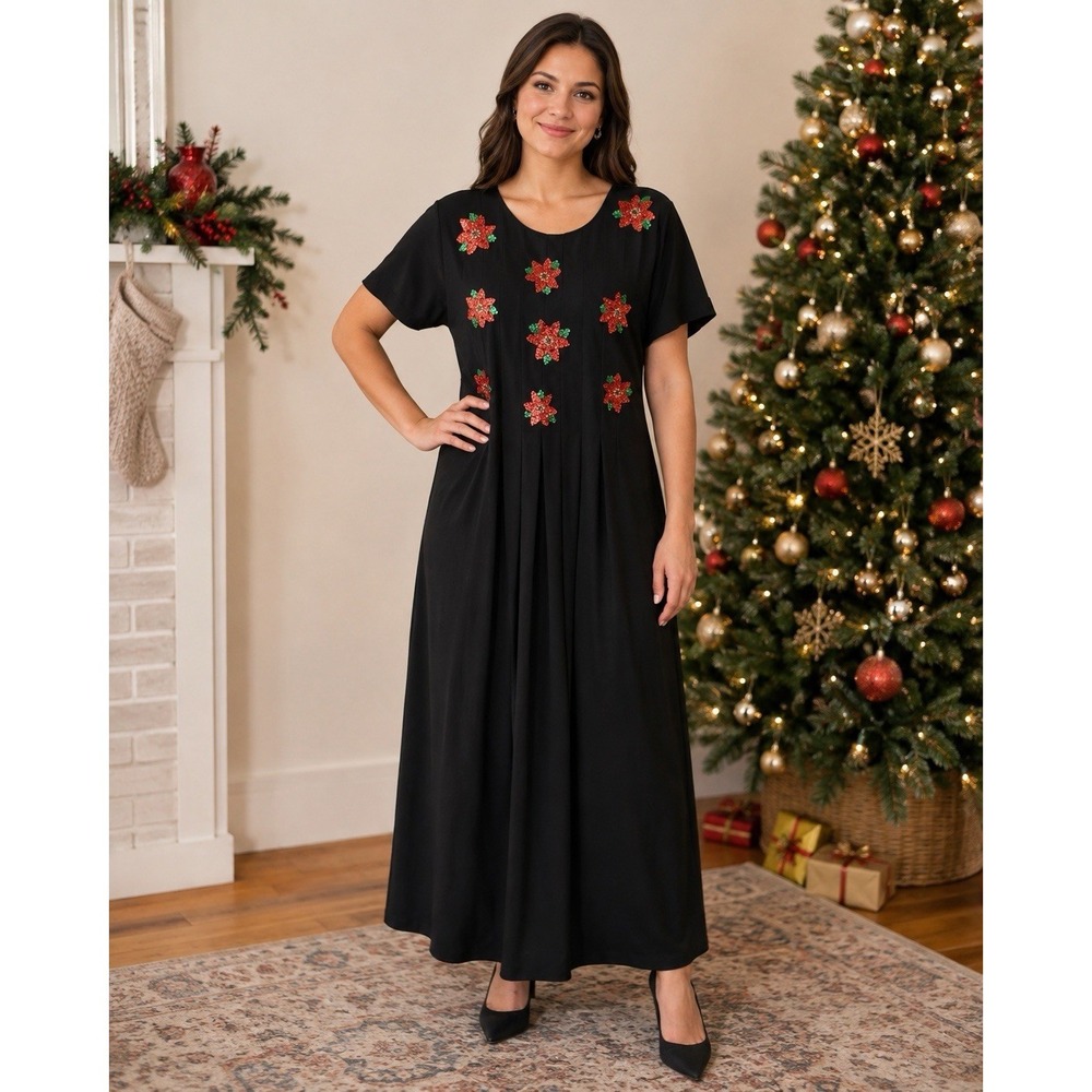 Vintage Jessica Howard Black Dress Sequin Poinsettia Midi 90s Holiday Lagenlook